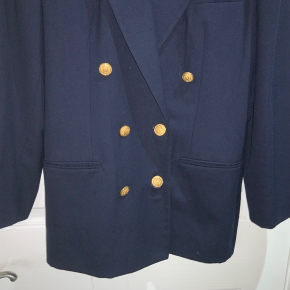 Talbots wool double breasted navy blazer Sz 10 long line Lagenlook classic - Picture 2 of 7